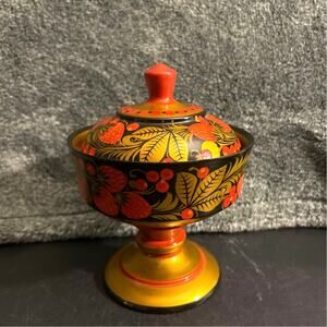 Khokhloma Compote with Lid c1984 Hand Painted Lacquer USSR
